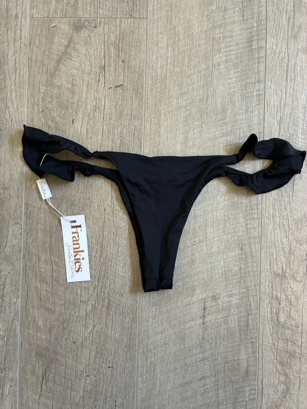 Frankie's Bikinis Ali Skimpy Black Ruffle-Side Thong Swim Bottom Size Small - Picture 4 of 6